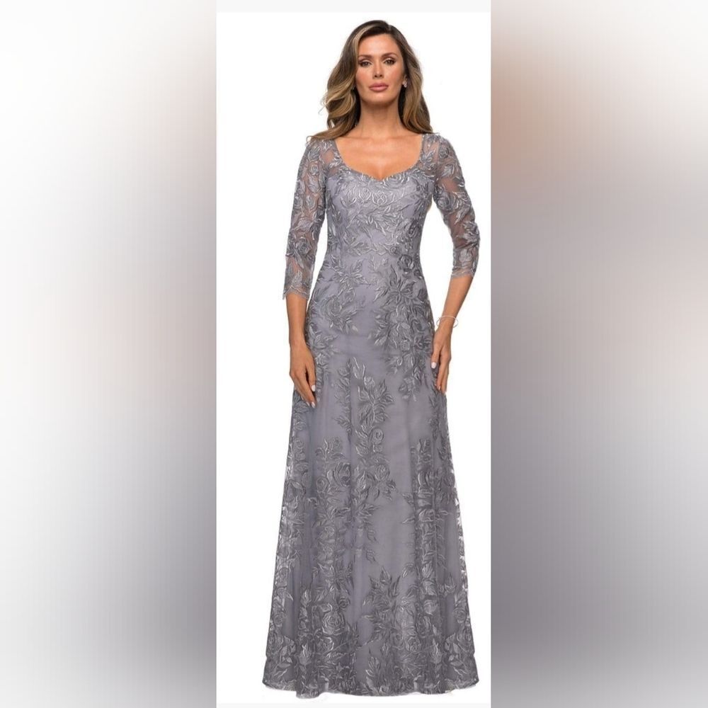 La Femme 28053 Floral Embroidered Mesh A-Line Gown In Silver NWOT Size 14